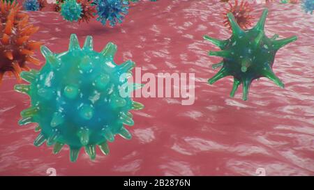 Éclosion de coronavirus, virus de la grippe et 2019-nCov. Concept de pandémie, épidémie pour les cellules humaines. COVID-19 sous le microscope, pathogène affectant Banque D'Images