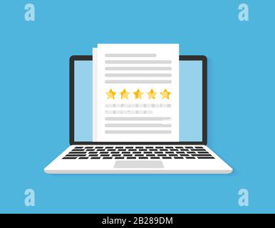 Ordinateur avec commentaires sur les évaluations des clients, icône des étoiles de notation Illustration de Vecteur