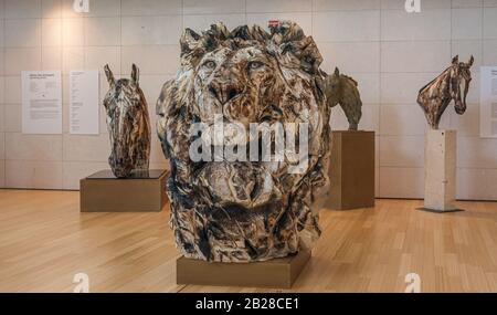 Sculpture en bois de l'artiste de Chainsaw Jurgen Lingl Rebetez exposé au musée scientifique interactif de trente, italie, décembre 2019 Banque D'Images