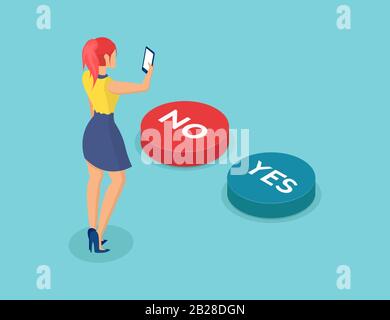 Vecteur d'une jeune femme avec smartphone faisant un choix oui ou non dans un sondage en ligne Illustration de Vecteur