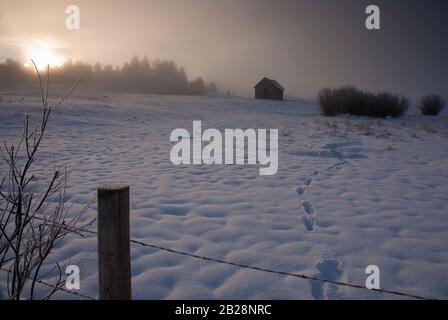 Des traces dans la prairie enneigée menant à un vieux chalet se réveillant juste au lever du soleil maltraités Banque D'Images