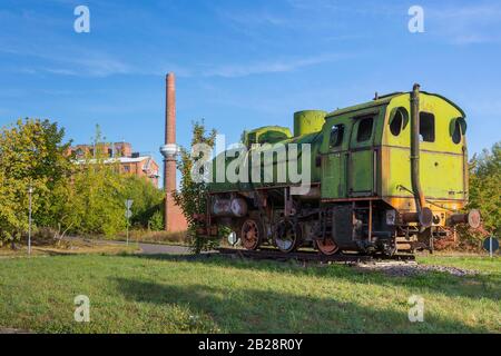 Anciennes locomotives et bâtiments industriels, ancienne usine de briquettes Neukirchen, Borna, Saxe, Allemagne Banque D'Images