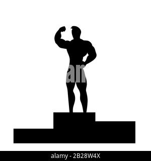 Silhouette d'une personne athlétique debout sur une illustration vectorielle sur socle. Gagnant célébrant la victoire, personnage de championnat. Réalisation du sport, résultats du tournoi, élément de conception auto-amélioré. Illustration de Vecteur