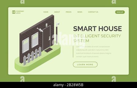 Smart House, modèle vectoriel de page d'accueil du système de sécurité intelligent. Mur, porte et fenêtres avec caméras de vidéosurveillance, sirène d'alarme et système de signalisation de style isométrique. Illustration de Vecteur