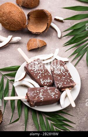 Popsicles de noix de coco dans le glaçage au chocolat Banque D'Images