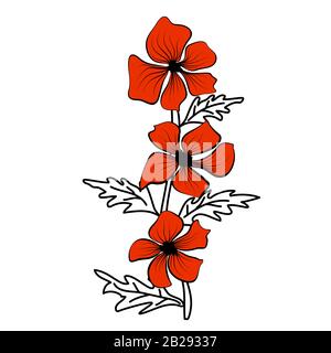 Contours noirs de fleurs rouges. Icône de fleur. Illustration du contour vectoriel. Illustration florale. Fond de fleur. Arrière-plan blanc isolé. Illustration de Vecteur