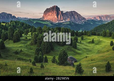 Belles montagnes italiennes Paysage des Dolomites avec prairie et forêt dans le Tyrol du Sud ou Alto Adige au lever du soleil. Italie, Europe Banque D'Images
