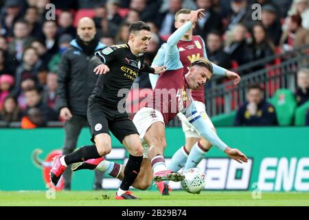 Londres, ANGLETERRE - 1 MARS le milieu de terrain de la villa Aston Jack Grealih s'affronte lors de la finale de la coupe Carabao entre Aston Villa et Manchester City au stade Wembley, Londres, le dimanche 1 mars 2020. (Crédit: Jon Bromley | MI News) la photographie ne peut être utilisée qu'à des fins de rédaction de journaux et/ou de magazines, licence requise à des fins commerciales crédit: Mi News & Sport /Alay Live News Banque D'Images