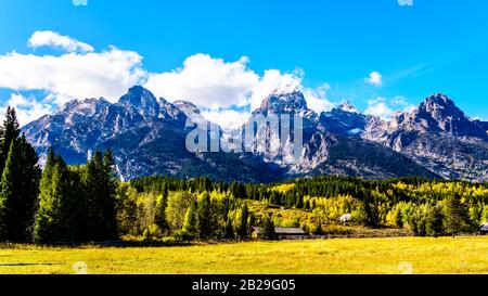 Couleurs d'automne et les hauts sommets de montagne du Moyen-Teton, du Grand Teton, du Mont Owen et de la montagne Teewinot dans la chaîne de Teton du parc national du Grand Teton Banque D'Images