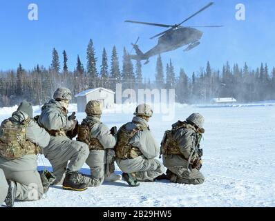 BASE AÉRIENNE d'Eielson, Alaska - les membres du 176e Escadron des forces de sécurité de la Garde nationale de l'Alaska se sont prêts à monter à bord d'un hélicoptère UH-60 Blackhawk, piloté par le 1er e/169 Bataillon de l'aviation de soutien général de la Garde nationale de l'Armée du New Hampshire le 27 février. La formation fait partie de l'Arctic Eagle 2020, un exercice d'entraînement multinational sur le temps froid à plusieurs états qui se déroule dans l'ensemble de l'État de l'Alaska. Ce lieu est un événement de niveau tactique conçu pour améliorer les capacités arctiques, identifier les lacunes en matière de capacités et s'associer à d'autres États et pays. Banque D'Images
