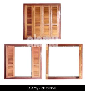 Cadre rétro avec volets en bois. Isolé sur fond blanc. Ensemble de fenêtres en bois vintage avec volets ouverts et fermés Banque D'Images