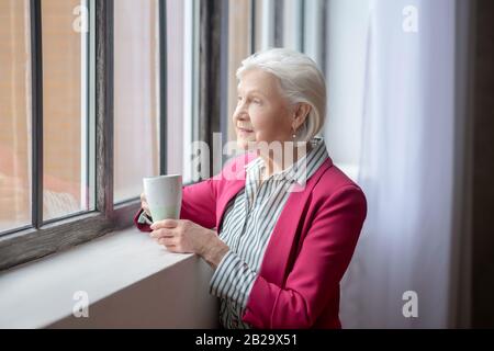 Une dame souriante aux cheveux gris se tenant à la fenêtre et à la pensée Banque D'Images