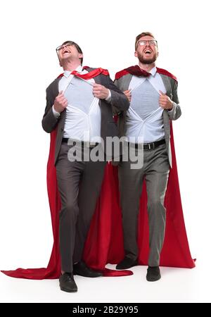 Deux collègues de capes rouges debout dans Superman poser Banque D'Images