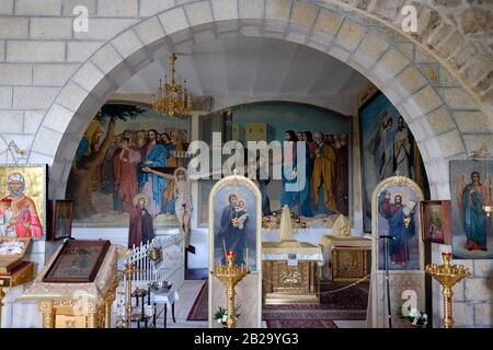 Une petite chapelle à l'intérieur de la Mission orthodoxe russe ecclésiastique du monastère patriacat de Moscou de Saint-Apôtre Zacchaeus dans la ville de Jéricho, territoires de l'Autorité palestinienne de Cisjordanie, Israël Banque D'Images