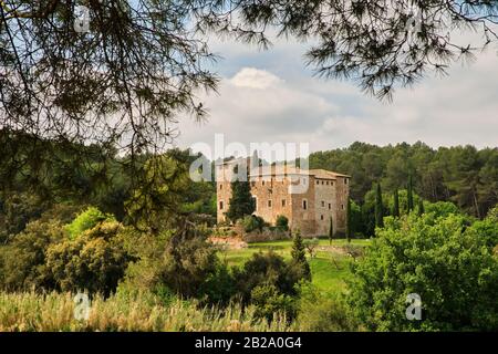 Ancienne maison de campagne entourée de cyprès et encadrée par les branches d'un pin, Collserola, Catalogne Banque D'Images