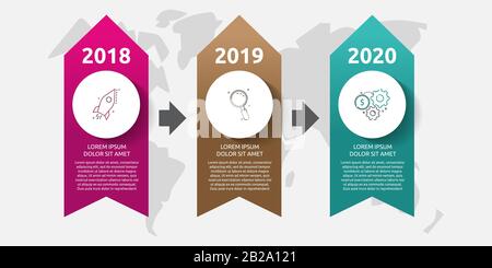 Infographies de la bannière vectorielle. Flèche Business concept avec 3 options et étapes. Trois étapes peuvent être utilisées pour les diagrammes, l'organigramme, la chronologie, le repor commercial Illustration de Vecteur