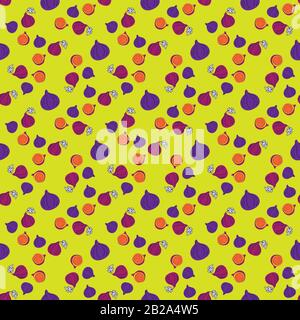 Vector modèle transparent de figues, dessin illustration abstraite colorée. Fruits de figuier entiers et tranchés sur fond jaune pour les motifs, le textile, les emballages Illustration de Vecteur