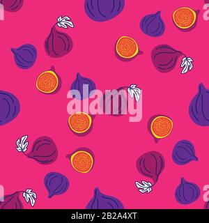Vector modèle transparent de figues, dessin illustration abstraite colorée. Fruits de figuier entiers et tranchés sur fond rose pour motifs, textile, emballage Illustration de Vecteur
