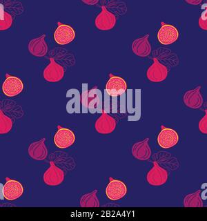 Vector modèle transparent de figues, dessin illustration abstraite colorée. Fruits de figuier roses entiers et tranchés sur fond bleu pour motifs, textile, pa Illustration de Vecteur