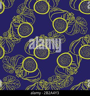 Vecteur modèle transparent de figues, lignes de conception illustration abstraite. Fruits de figuier entiers et tranchés sur fond bleu pour motifs, textile, emballage, W Illustration de Vecteur