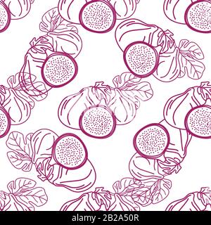 Vecteur modèle transparent de figues, lignes de conception illustration abstraite. Fruits de figuier entiers et tranchés sur fond blanc pour motifs, textiles, emballages, Illustration de Vecteur