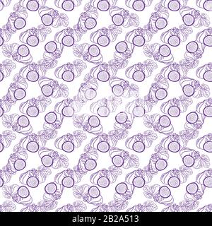 Vecteur modèle transparent de figues, lignes de conception illustration abstraite. Fruits de figuier entiers et tranchés sur fond blanc pour motifs, textiles, emballages, Illustration de Vecteur