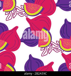 Vector modèle transparent de figues, dessin illustration abstraite colorée. Fruits de figuier entiers et tranchés sur fond blanc pour motifs, textiles, emballages Illustration de Vecteur