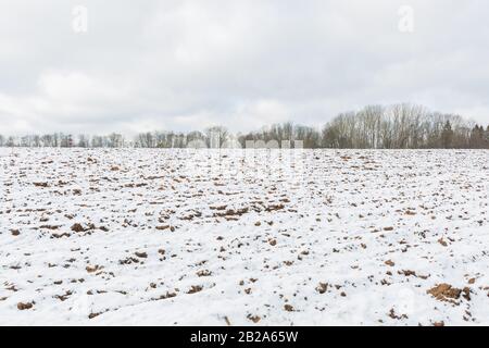 Ville Sigulda, Lettonie. Champ labouré couvert de neige. Aforest dans la distance. Photo de voyage.29.02.2020 Banque D'Images