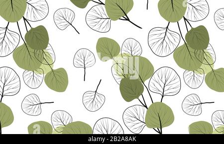Modèle horizontal sans couture avec branches d'eucalyptus sur un style plat et contours noir et blanc des feuilles . Illustration vectorielle Illustration de Vecteur