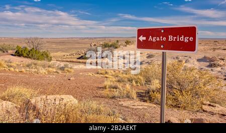 Signe au pont Agate, parc national de la forêt pétrifiée, Arizona, États-Unis Banque D'Images