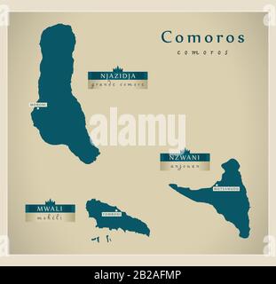 Carte moderne - Comores avec les îles et les grandes villes Illustration de Vecteur