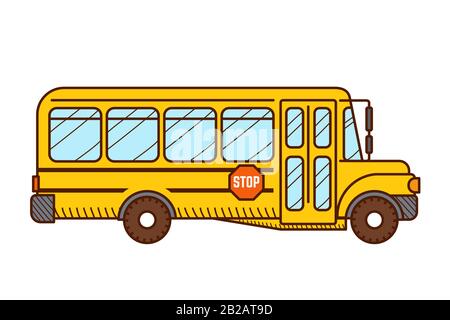 Icône de vecteur de bus scolaire jaune sur fond blanc. Vue latérale. Illustration de Vecteur