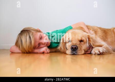 Un garçon allongé sur le sol câblait un chien de réessai doré Banque D'Images