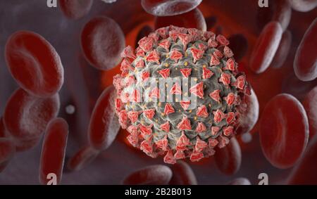Coronavirus dans le sang. Un agent pathogène qui attaque les voies respiratoires. Rendu tridimensionnel Banque D'Images