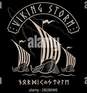 Navire de guerre des Vikings. Drakkar, Viking design, ancien navire scandinave et norse runes Illustration de Vecteur