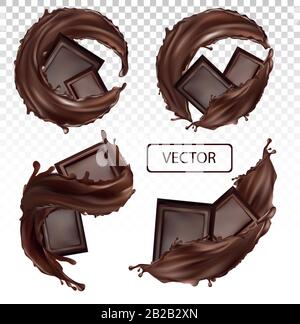 Barre de chocolat, beurre de cacao, bonbons à pâtisserie avec éclaboussures et liquide de chocolat au wirl. Vecteur réaliste. Morceaux de chocolat, qui avec des gouttes sur fond transparent. Définir l'illustration vectorielle. Illustration de Vecteur