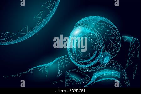 Astronaute poly faible en relief dans l'espace. Voyage dans l'espace concept d'exploration de la Lune. COSMOS Planet MAN flottant. Casque de sécurité, technologie polygonale Illustration de Vecteur