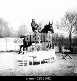 Le prince Adolf Friedrich von Schaumburg-Lippe laisse sauter son cheval sur une table couverte. Banque D'Images