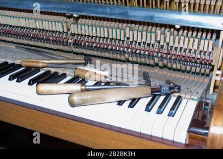 Vue détaillée du piano Vertical pendant un réglage. Banque D'Images