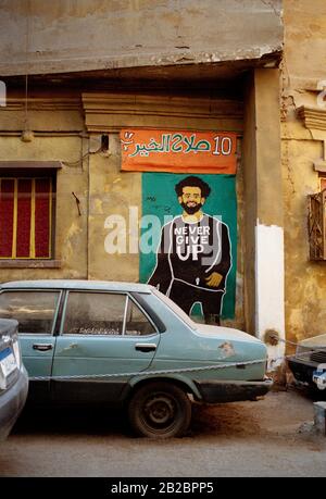 Football - Street art of Liverpool and Egypt footballer Mo Salah au Caire islamique dans la ville du Caire en Egypte en Afrique du Nord Moyen-Orient Banque D'Images