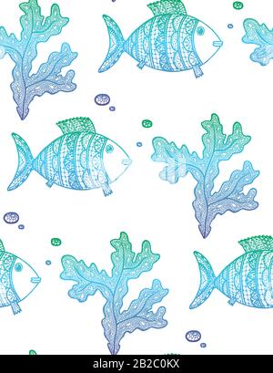 Illustration vectorielle avec algues de gradient tracées à la main et poissons sur fond blanc. Modèle marin sans soudure avec algues, poissons et bulles Illustration de Vecteur