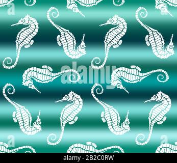 Illustration vectorielle de l'hippocampe blanc sur fond de l'onde de mer à gradient vert. Motif sans couture avec dragon de mer dessiné à la main Illustration de Vecteur