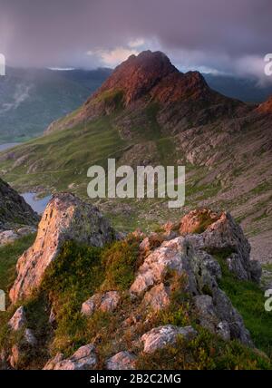 Tryfan, une montagne de 3000ft à Snowdonia, au nord du pays de Galles, vue depuis la crête de Gribin, à Glyderau. Banque D'Images