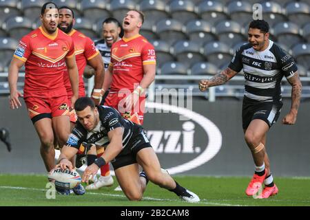 1 mars 2020, Stade KCOM, Hull, Angleterre; Betfred Super League, Hull FC / Catalans Dragons : Carlos Tuimavave (3) du Hull FC a fait son essai Banque D'Images