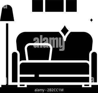 Icône noire de nettoyage du salon, illustration du concept, symbole vectoriel plat, signe glyphe. Illustration de Vecteur