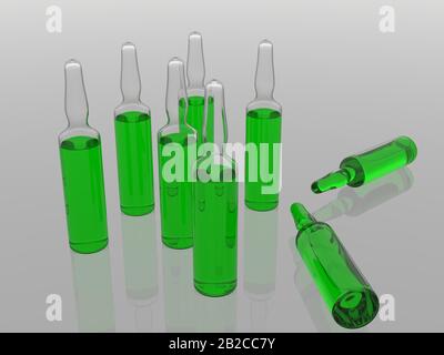 Ampoules de verre. Ampoules dispersées avec médicaments. Ampoules médicales de gros plan. Banque D'Images