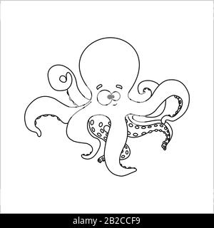 Poulpe. Pieuvre Souriante Avec Des Suceurs Sur Les Tentacules. Octopus Sympa. Pour Les Livres De Coloriage Pour Enfants. Contour de l'image vectorielle sur fond blanc. Illustration de Vecteur