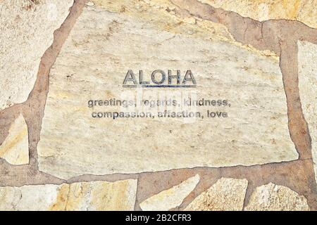 Explication du mot Aloha sur la promenade côté hawaïen à Waikiki/Honolulu (Oahu) Banque D'Images