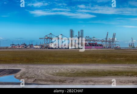 Rotterdam,Hollande,01-mars-2020:l'importation et l'exportation dans le port de Rotterdam avec le transbordement de conteneurs seront réduites par le virus Corona COVID-19: C'est la nouvelle région de maasvlakte 2 pour les plus grands navires à conteneurs du monde Banque D'Images