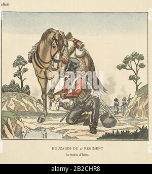 Soldat français du 4ème Régiment des Hussars, à la bataille de Jena, 1806 pendant les guerres napoléoniennes Banque D'Images